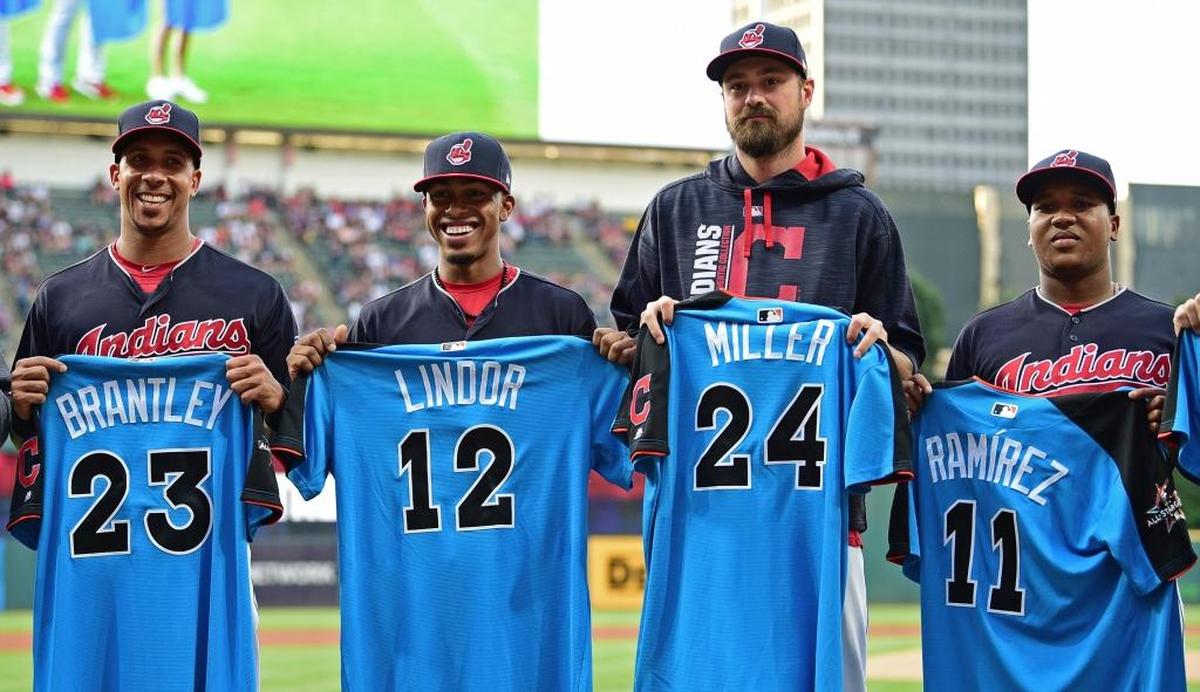 The Cleveland Indians' 2017 All-Stars: Michael Brantley, Francisco Lindor, Andrew Miller and Jose Ramirez.