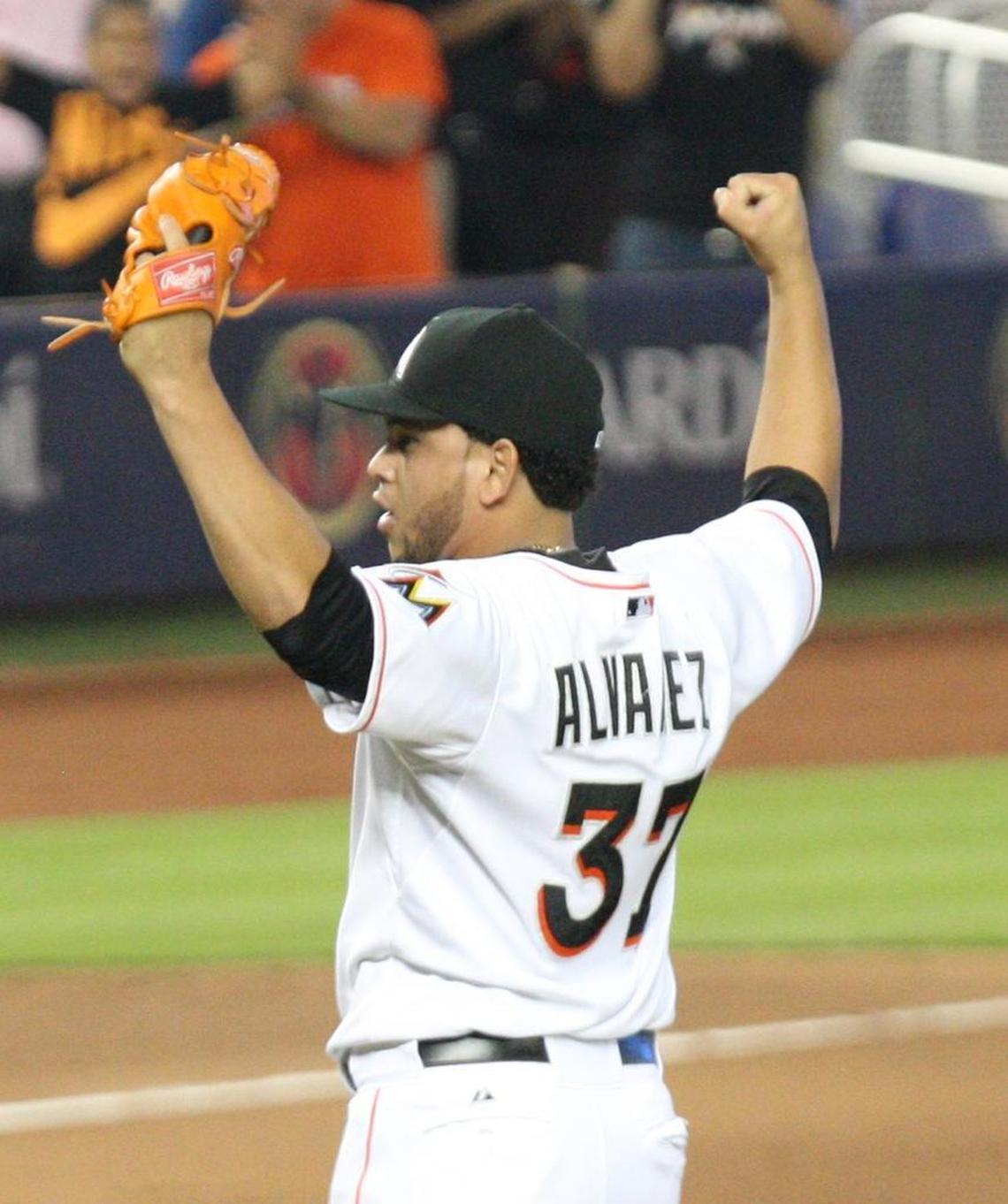 Miami Marlins pitcher Henderson Alvarez reacts after throwing a no-hitter against the Detroit Tigers in the 2013 season finale at Marlins Park on Sept. 29, 2013.