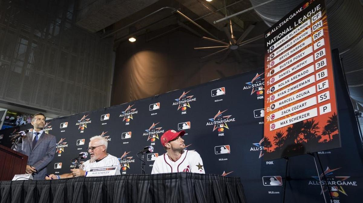 Nationals pitcher Max Scherzer looks up at the National league line up as it is presented at the MLB All Star Game press conference at Marlins Park on Mon., July 10, 2017.