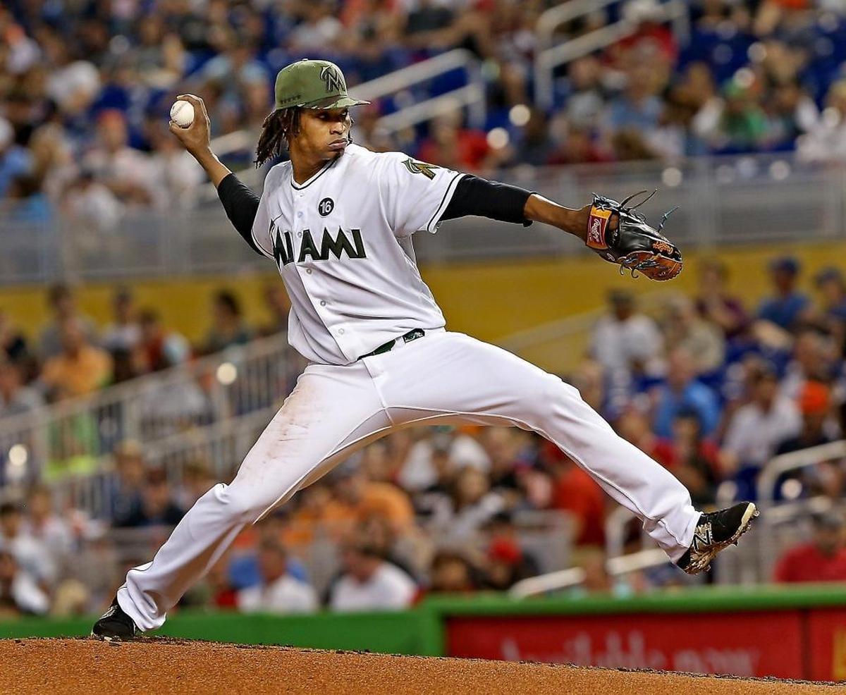 The Miami Marlins' pitcher Jose Urena (62) throws a pitch in the third inning against the Los Angeles Angels on Sunday, May 28, 2017.