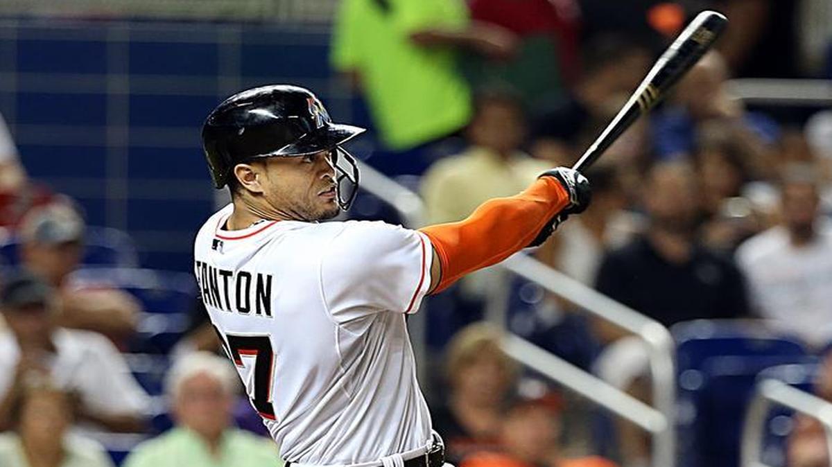 Miami Marlins slugger Giancarlo Stanton hits his second homer of the game, in the seventh inning, against the Atlanta Braves at Marlins Park on Friday, May 15, 2015.
