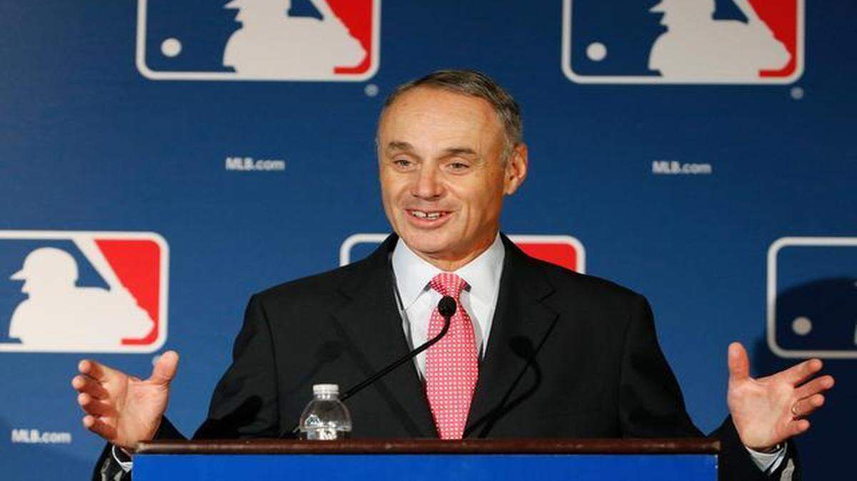 
 In this Feb. 23, 2015, file photo, baseball commissioner Rob Manfred talks about new rules aimed at speeding up play of baseball games at spring training media day in Phoenix.
