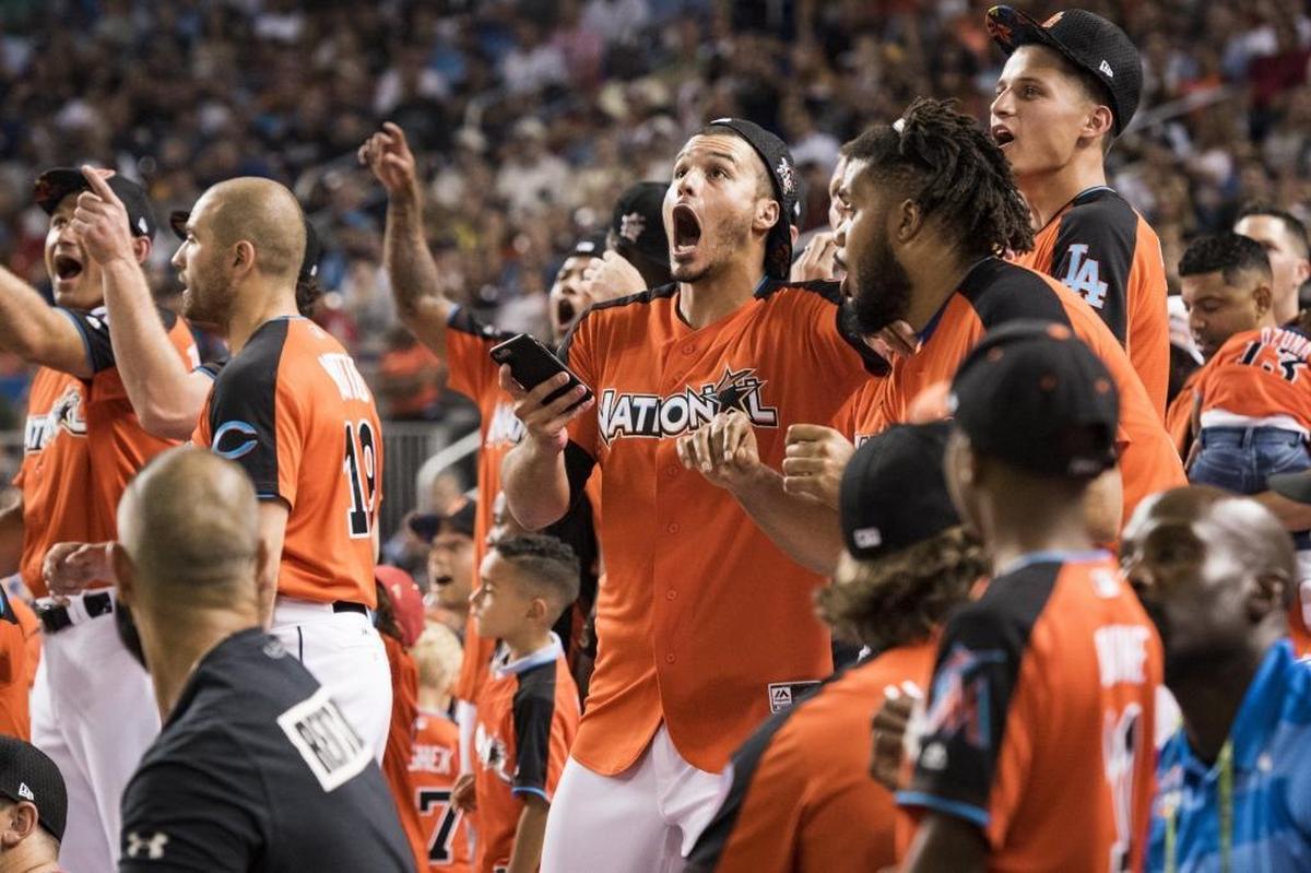 The National League players react to an Aaron Judge homer at the MLB All Star Game Home Run Derby at Marlins Park on Mon., July 10, 2017.