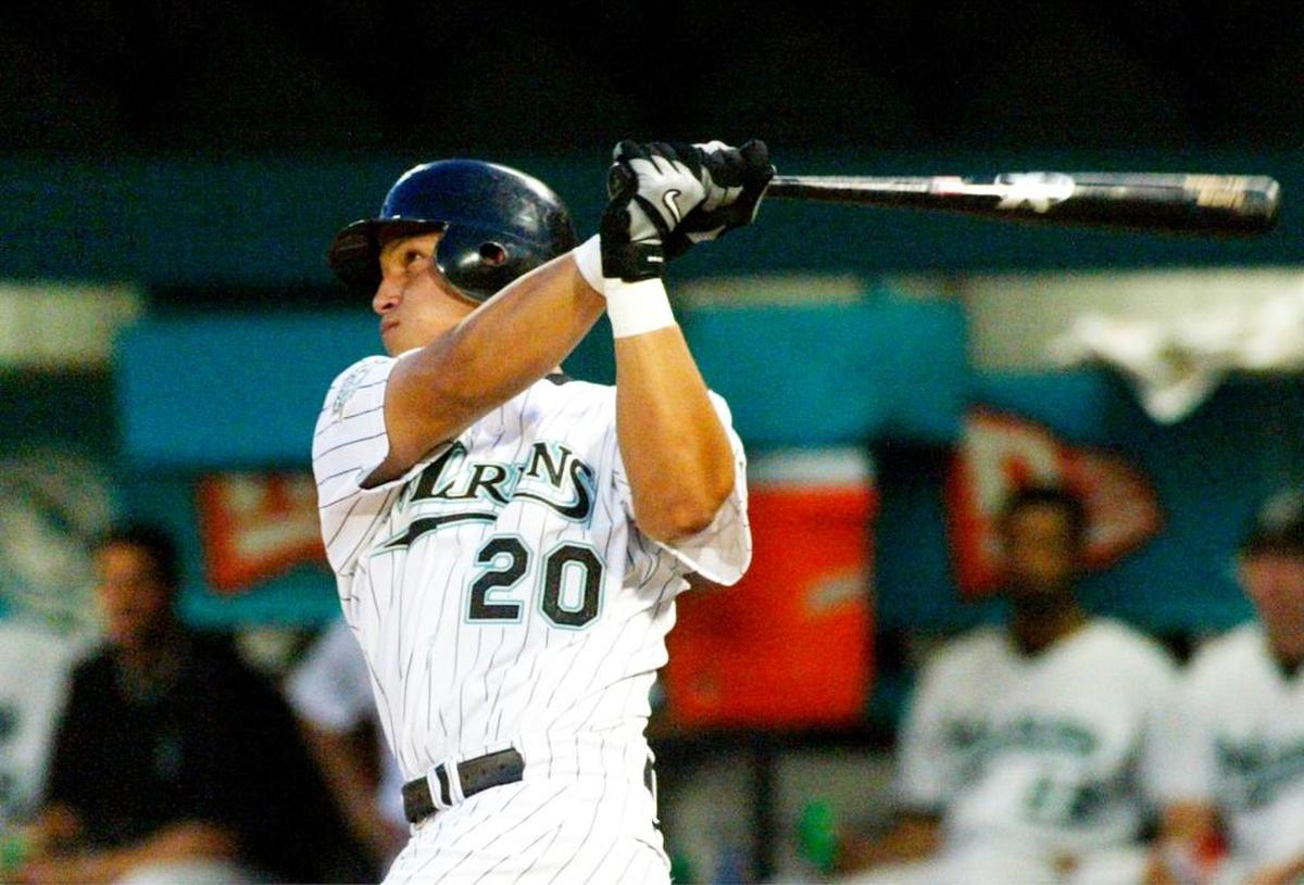 Miguel Cabrera hits one of his home runs with the Florida Marlins.