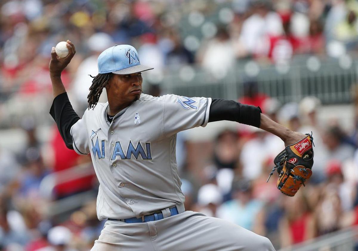 Miami starter Jose Urena delivers a pitch on Sunday against the host Atlanta Braves.