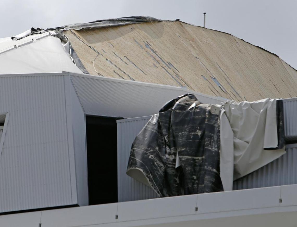 The exposed portion of the retractable roof at Marlins Park in the aftermath of Hurricane Irma on Monday, September 11, 2017 in Miami.