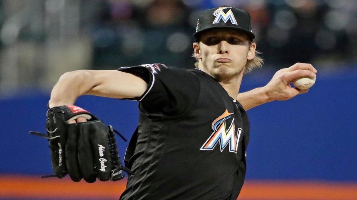 Miami Marlins starting pitcher Adam Conley delivers a pitch during the first inning of a baseball game against the Miami Marlins, Saturday, April 8, 2017, in New York.