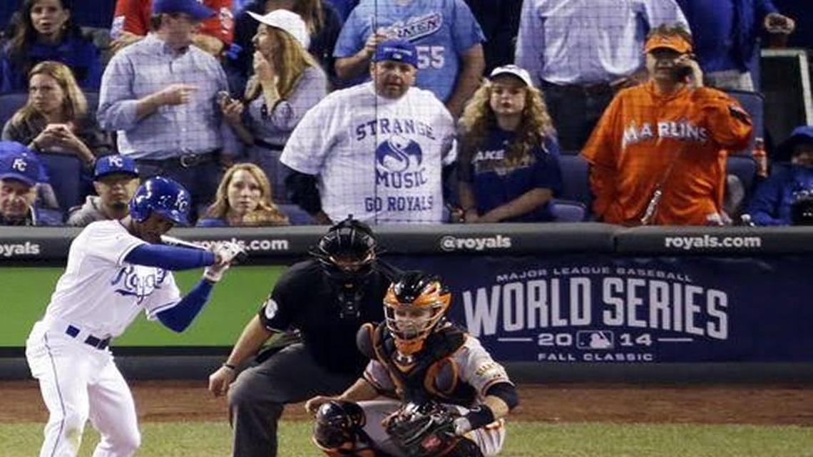 Laurence Leavy, better known as ‘Marlins Man,’ is shown behind the plate of Game 2 of the 2014 World Series in Kansas City.
