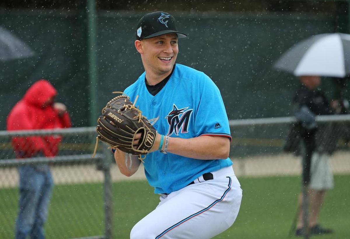 Miami Marlins pitcher Nick Neidert throws during the spring training baseball workouts for pitchers and catchers at Roger Dean Stadium on Wednesday, February 13, 2019 in Jupiter, FL.