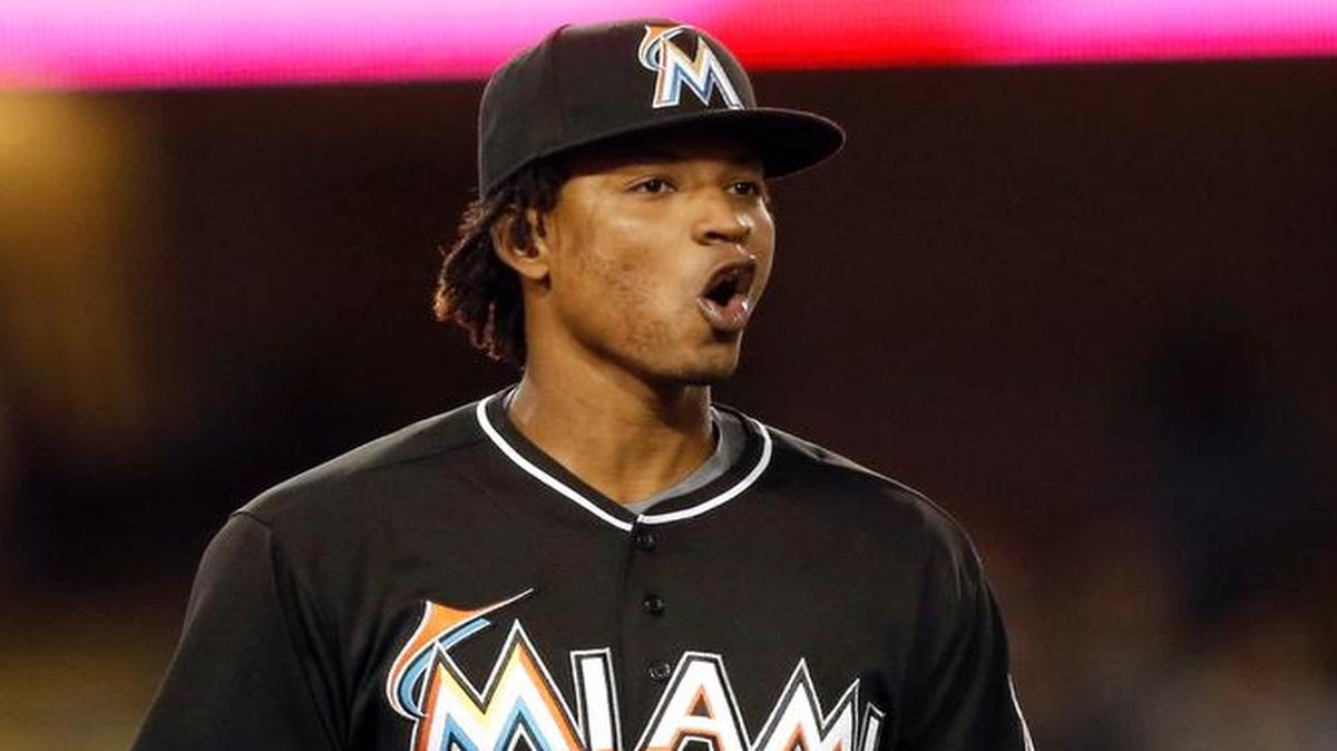Miami Marlins relief pitcher Jose Urena reacts after Los Angeles Dodgers' Howie Kendrick gets thrown out at first, after striking out, for the last out in the ninth inning of a baseball game in Los Angeles, Wed., April 27, 2016. The Marlins won 2-0.