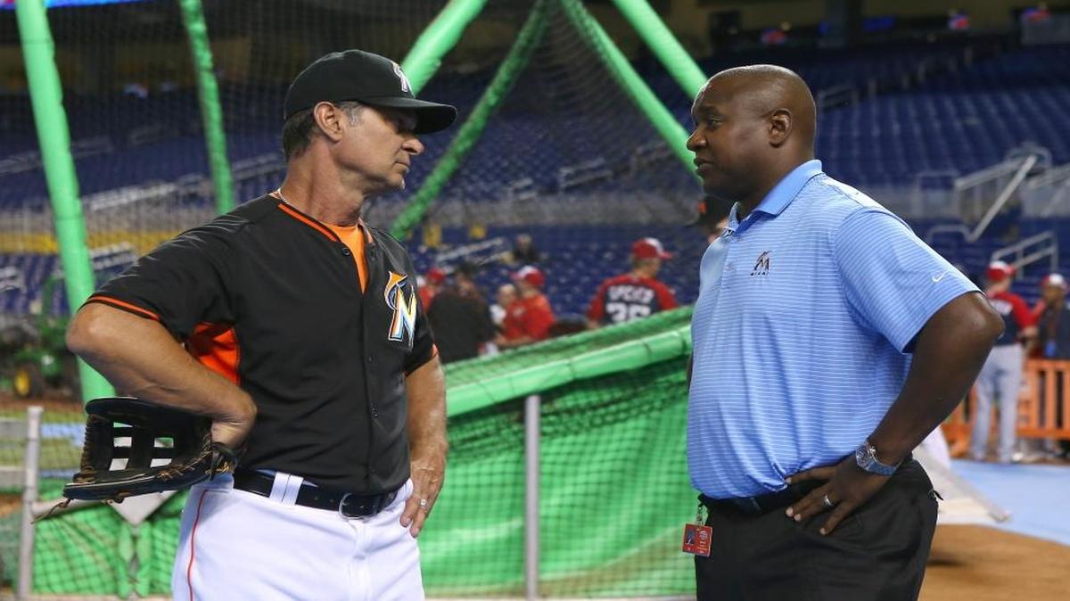 Miami Marlins manager Don Mattingly, left, may get a new starter if Marlins president of baseball operations Michael Hill can pull off a move before the Aug. 1 trade deadline.