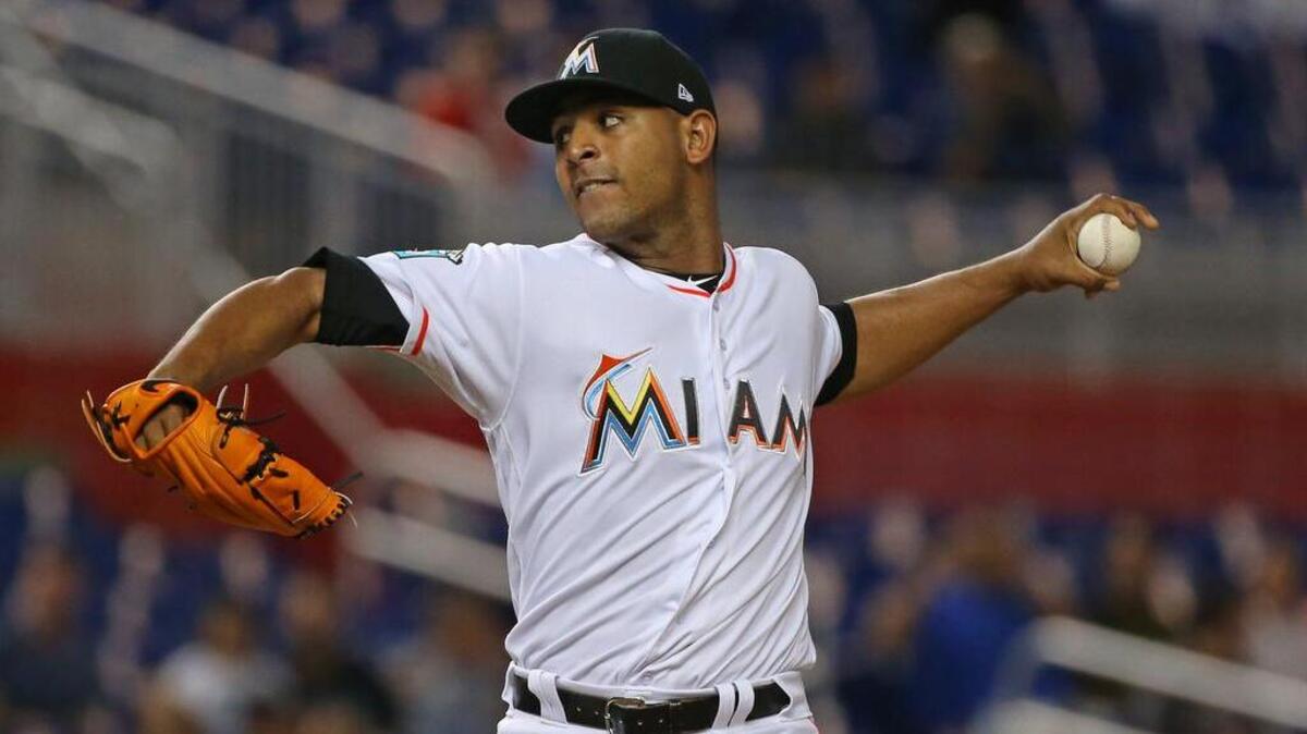 Miami Marlins pitcher Jarlin Garcia pitches during the first inning of a Major League Baseball game against the Philadelphia Phillies at Marlins Park on Tuesday, May 1, 2018.