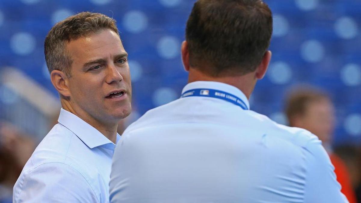 Chicago Cubs President of Baseball Operations Theo Epstein looks on before the start of a Major League Baseball game against Miami Marlins at Marlins Park in Miami on March 30, 2018.