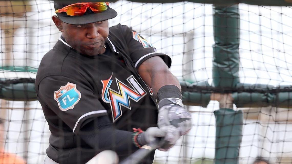 Marcell Ozuna, of the Miami Marlins, batting during the first full squad practice of spring training at Roger Dean Stadium on Jupiter Tuesday, February 23, 2016.