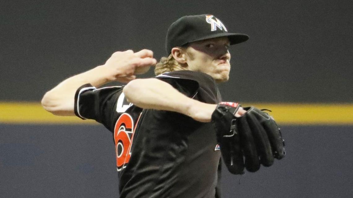 Miami Marlins starting pitcher Adam Conley throws during the seventh inning of a baseball game against the Milwaukee Brewers Friday, April 29, 2016, in Milwaukee.