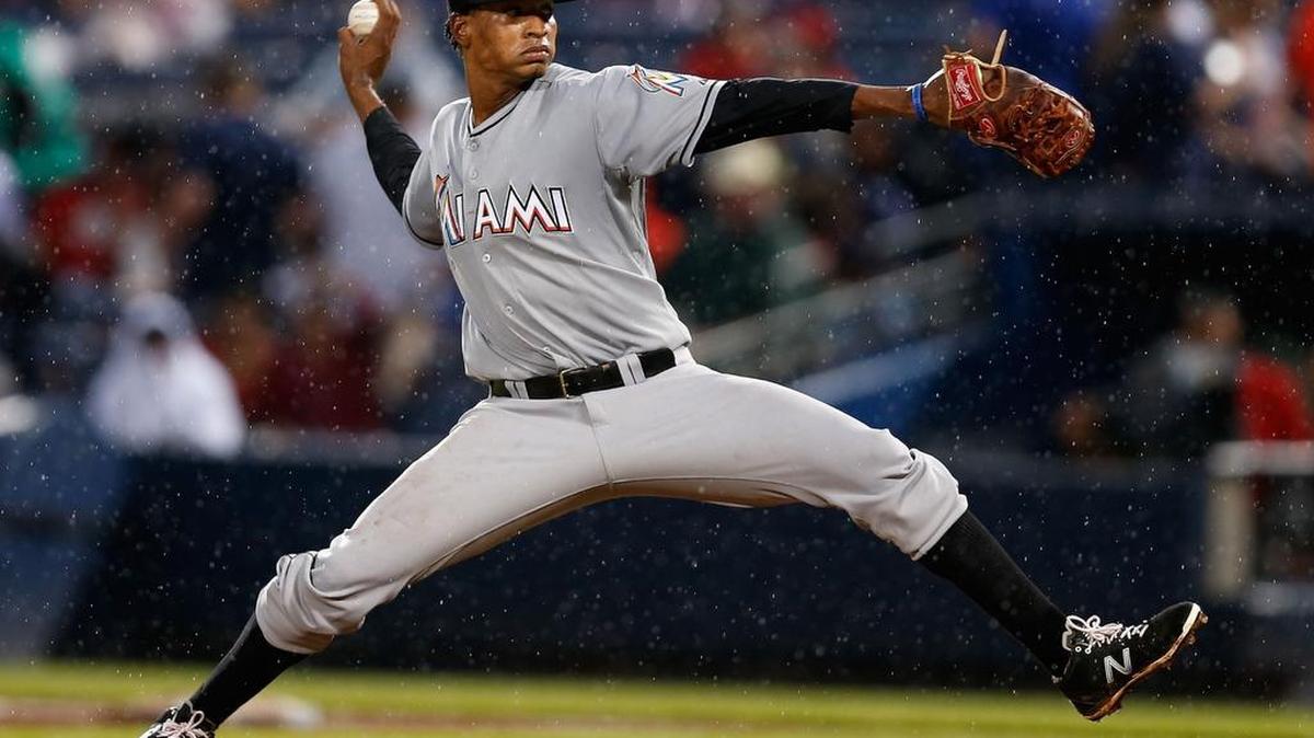 
Jose Urena was placed on the 15-day disabled list after being struck by a line drive on his left knee in a game at Atlanta on Thursday, Aug. 6, 2015. 
