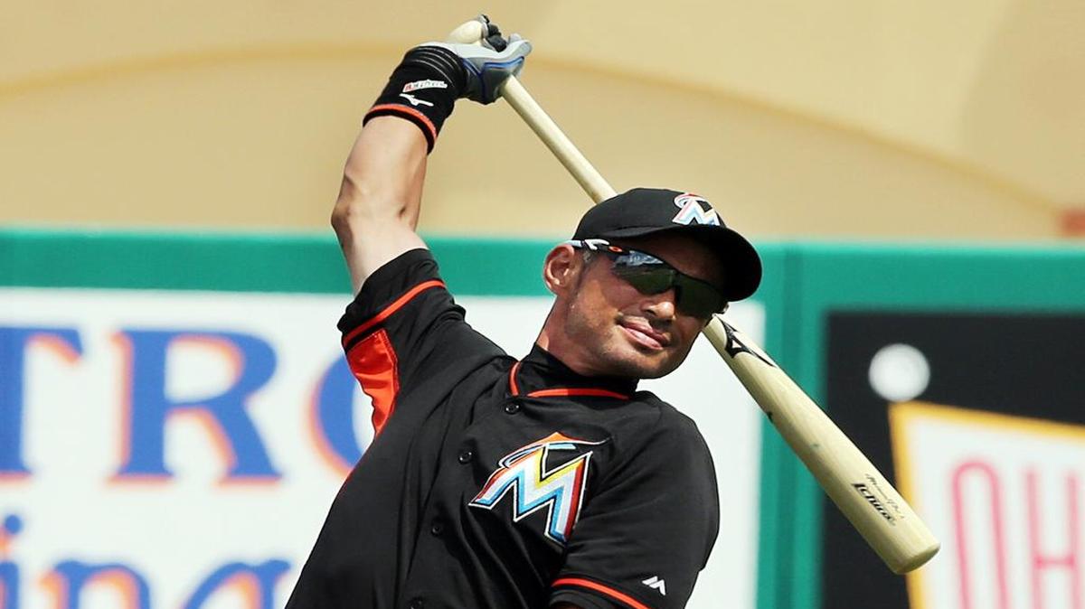 
Miami Marlins’ Ichiro Suzuki, warms up before the Miami Marlins vs. St. Louis Cardinals preseason game at Roger Dean Stadium in Jupiter. Fl. on Tuesday, March 17, 2015.
