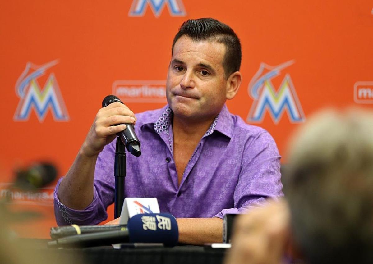 David Samson, President of the Miami Marlins, announced his departure from the team effective Sun., Oct. 1 to the media during a press conference at Marlins Park in Little Havana in Miami on Thurs., Sept. 28, 2017.