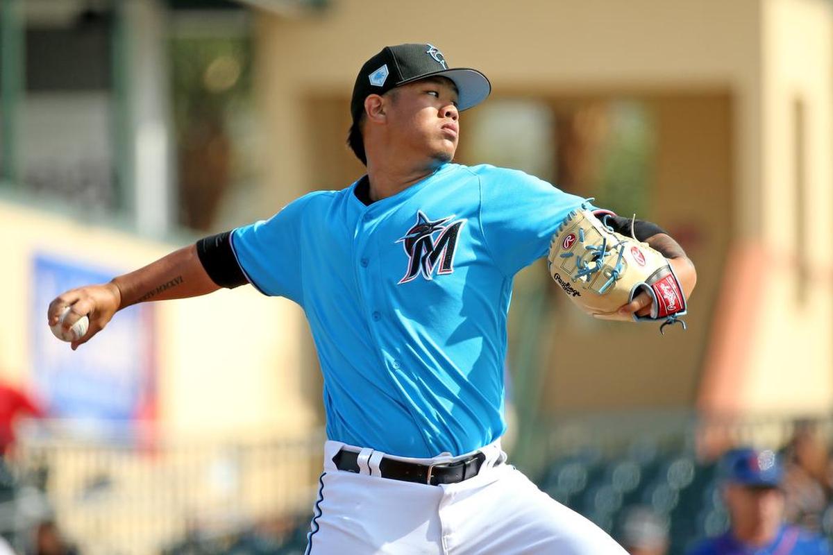 Miami Marlins pitcher Jordan Yamamoto (68) pitches during the sixth inning of a Major League Baseball spring training game against the New York Mets at the Roger Dean Chevrolet Stadium on Tuesday, March 5, 2019 in Jupiter, FL.