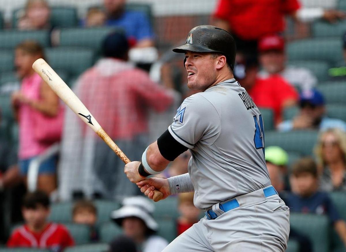 Miami first baseman Justin Bour drives in a pair of runs against the host Atlanta Braves on Sunday afternoon.