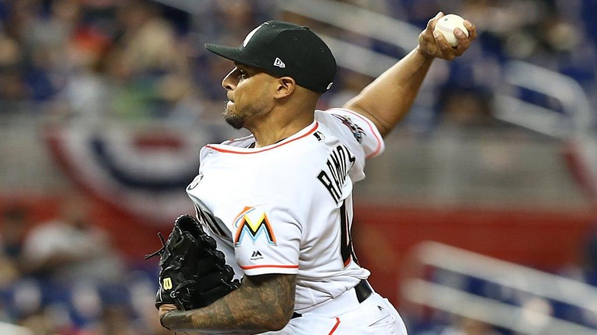 Marlins closer A.J. Ramos pitches in the ninth inning of the Miami Marlins vs Atlanta Braves, game at the Marlins Park in Little Havana in Miami on Wednesday, April 12, 2017.