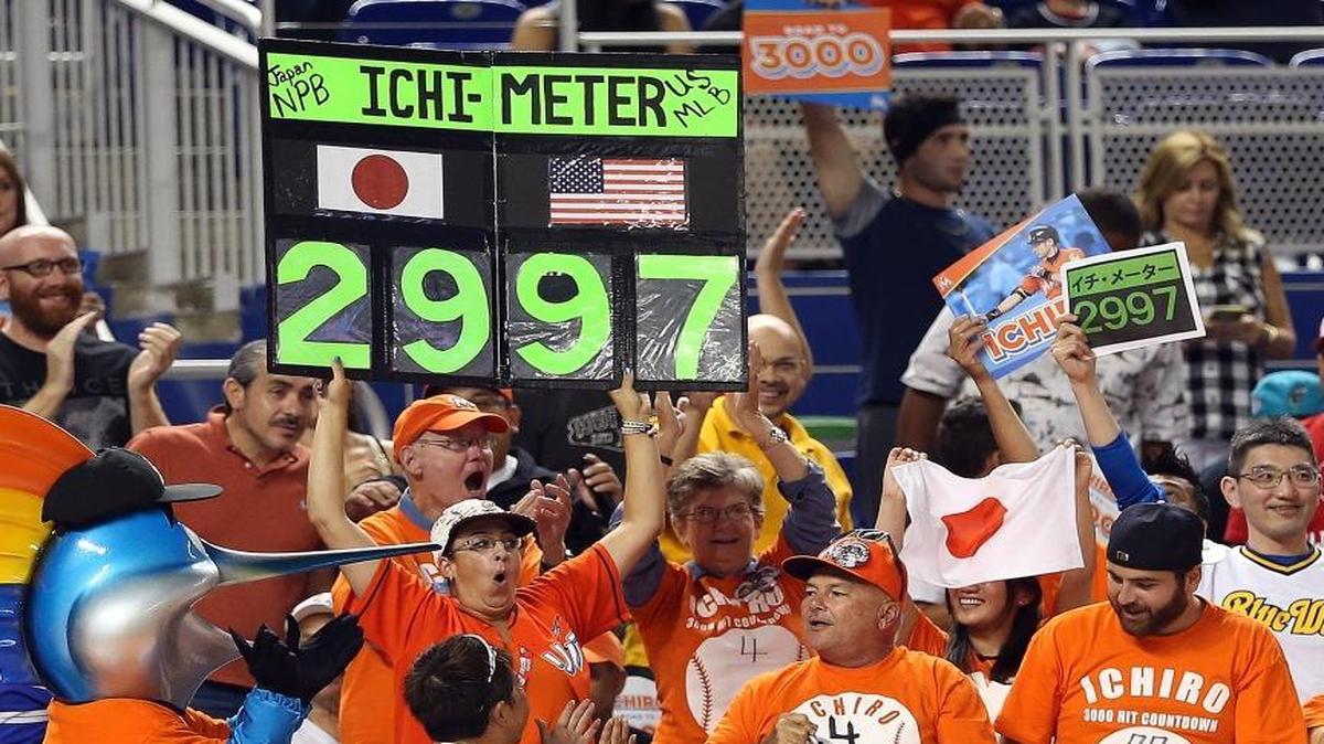 Fans display the Ichi Meter in support of Miami Marlins' outfielder Ichiro Suzuki, after career hit 2,997 in the eight inning of the team’s game against the Philadelphia Phillies at Marlins Park in Miami on Monday, July 26, 2016.