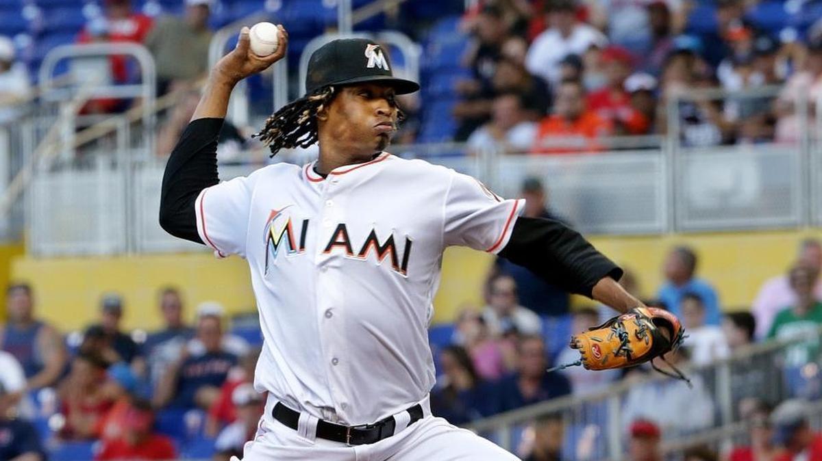 The Miami Marlins’ José Ureña pitches in the first inning against the Boston Red Sox at Marlins Park on Tuesday, April 3, 2018.
