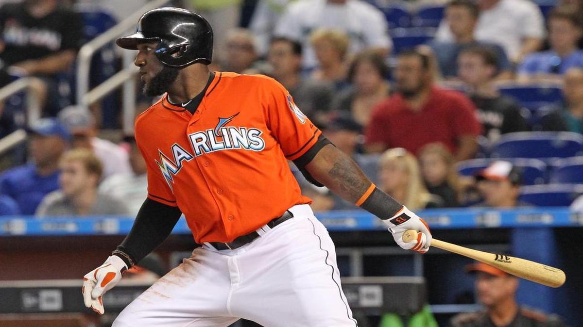 
Miami Marlins center fielder Marcell Ozuna singles in the first inning of the Miami Marlins’ game against the Baltimore Orioles at Marlins Park on Sunday, May 24, 2015.
