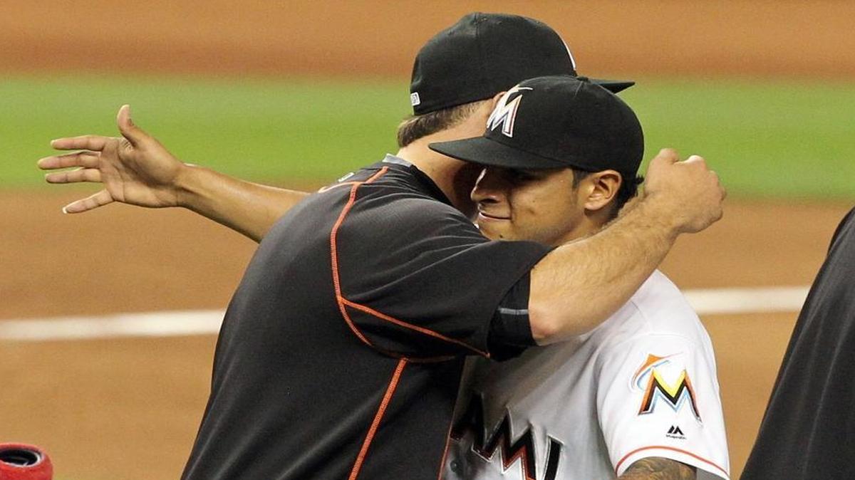 Pitchers Jose Fernandez, left, and closer A.J. Ramos celebrate the Miami Marlins victory 4-3, against the Arizona Diamondbacks at Marlins Park in Little Havana in Miami on Wed., May 04, 2016.