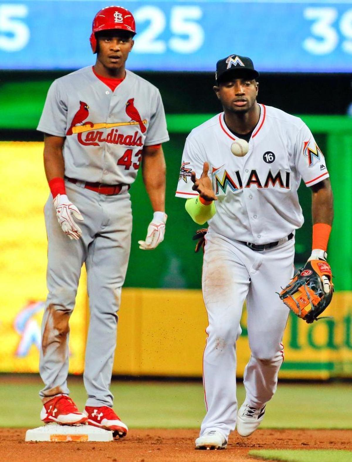 Miami shortstop Adeiny Hechavarria reacts after tagging out the Magneuris Sierra of the St. Louis Cardinals at Marlins Park on May 9.