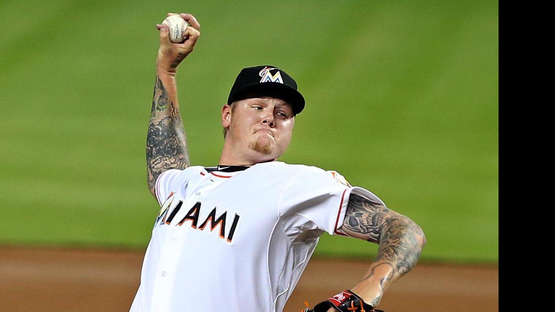 
Marlins starter Mat Latos pitches in the first inning against the Washington Nationals at Marlins Park on Friday, April 24, 2015.
