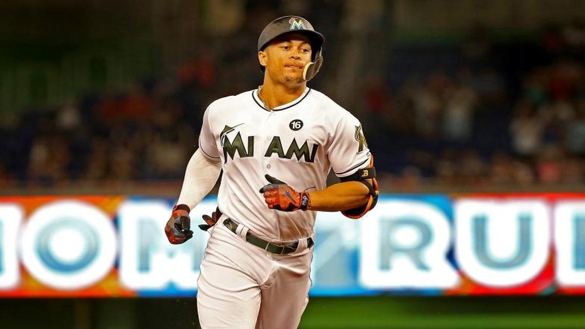 The Miami Marlins' Giancarlo Stanton runs the bases after hitting his first inning homerun as the Miami Marlins hosted the Los Angeles Angels on Sunday, May 28, 2017.