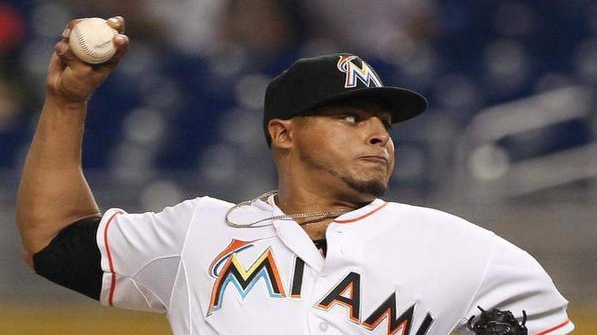 A.J. Ramos, pictured in a previous game, pitched a perfect ninth inning Wednesday to help the Marlins defeat the Dodgers 5-4.
