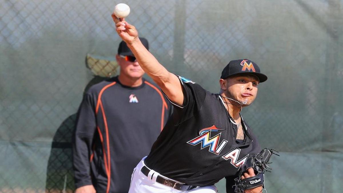 Miami Marlins relief pitcher A.J. Ramos throws during a spring training workout at Roger Dean Stadium on Friday, February 19, 2016 in Jupiter, Florida.