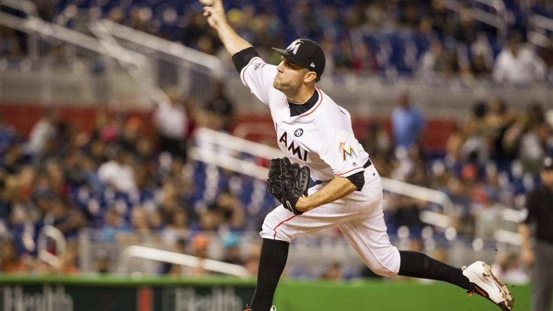Miami Marlins pitcher David Phelps comes in to pitch as the Miami Marlins host the Arizona Diamondbacks at Marlins Park on June 2, 2017.