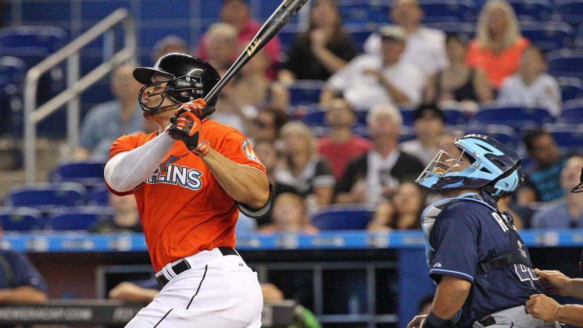 
Miami Marlins’ Giancarlo Stanton batting in the first inning during the game against the Tampa Bay Rays at Marlins Stadium on Sunday, April 12, 2015.
