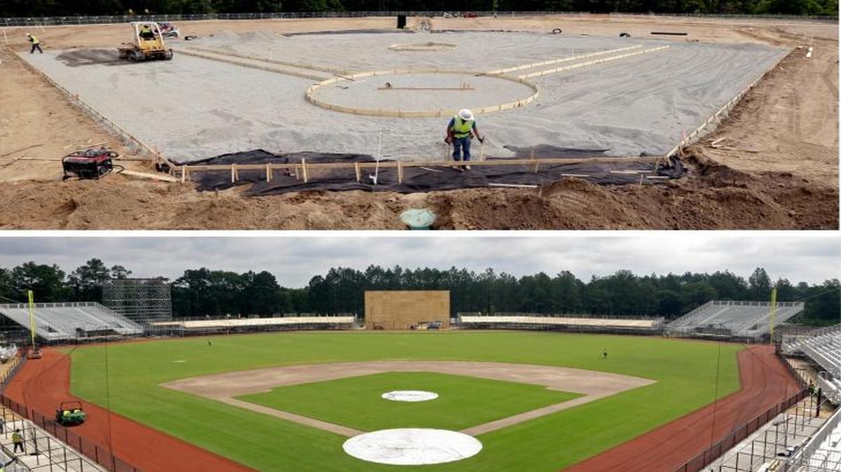 At top, the baseball field at Fort Bragg is seen in its early stages April 20. At bottom, the field nears completion on June 16.