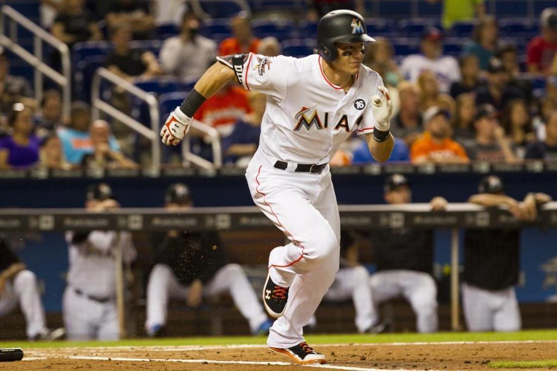 Marlins Derek Dietrich grounds into a fielders choice as the Marlins play the Cincinnati Reds at Marlins Park on Thurs., July 27, 2017.
