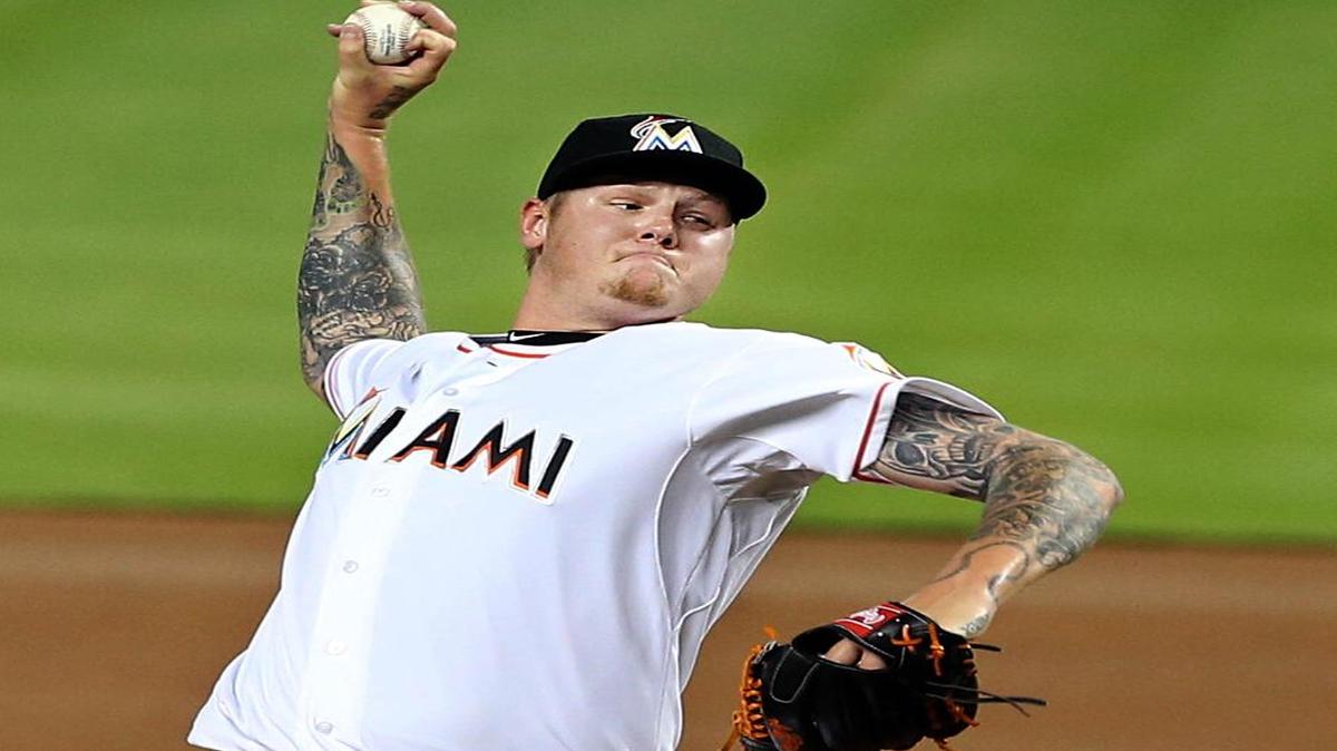 
Mat Latos pitches against the Washington Nationals at Marlins Park on Friday, April 24, 2015.
