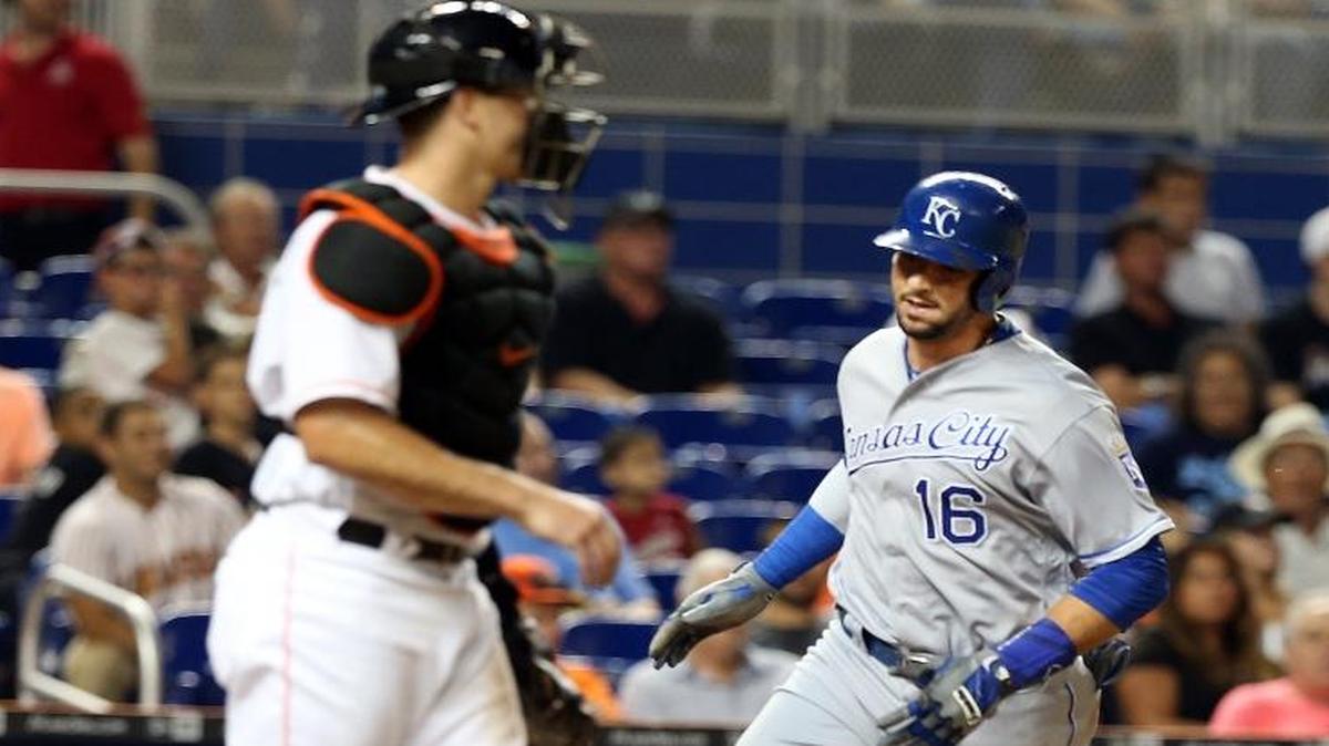 Marlins' catcher J.T. Realmuto looks on as Kansas City Royals' right fielder Paulo Orlando scores the only run of the game on a single by center fielder Lorenzo Cain in the sixth inning of the Miami Marlins and Kansas City Royals game at Marlins Park in Little Havana in Miami on Tues., Aug. 23, 2016.