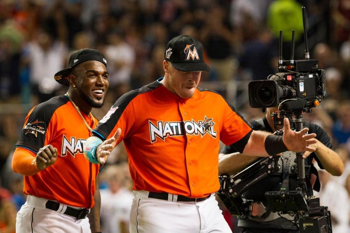Miami Marlins first baseman Justin Bour celebrates after hitting 22 homers at the MLB All Star Game Home Run Derby at Marlins Park on Mon., July 10, 2017.