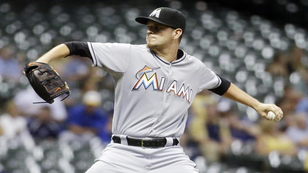 
Miami Marlins starting pitcher Justin Nicolino throws during the first inning of a baseball game against the Milwaukee Brewers Monday, Aug. 17, 2015, in Milwaukee. 
