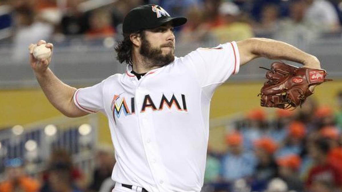 
Starting pitcher Dan Haren of the Miami Marlins throws in the first inning against the Washington Nationals on Thursday, July 30, 2015 at Marlins Park in Miami.
