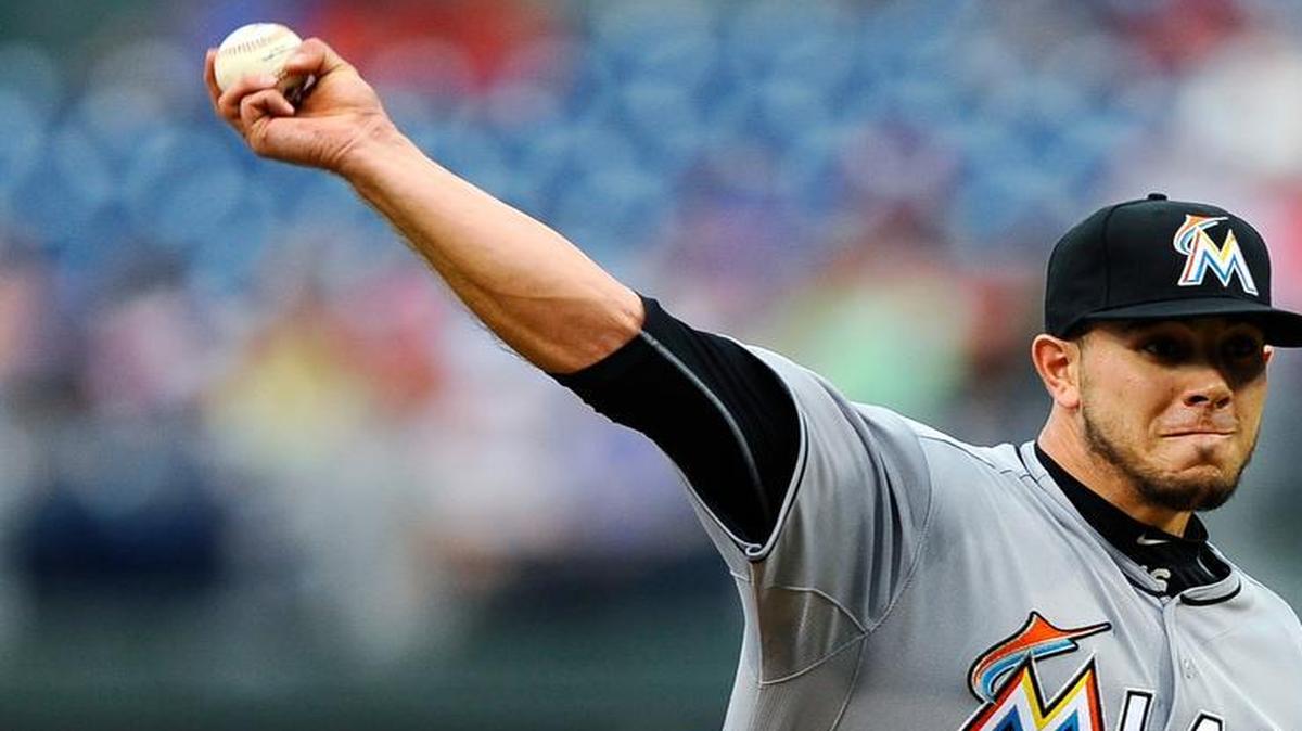 
Miami Marlins starting pitcher Jose Fernandez throws in the first inning against the Philadephia Phillies, Friday, July 17, 2015, in Philadelphia. 
