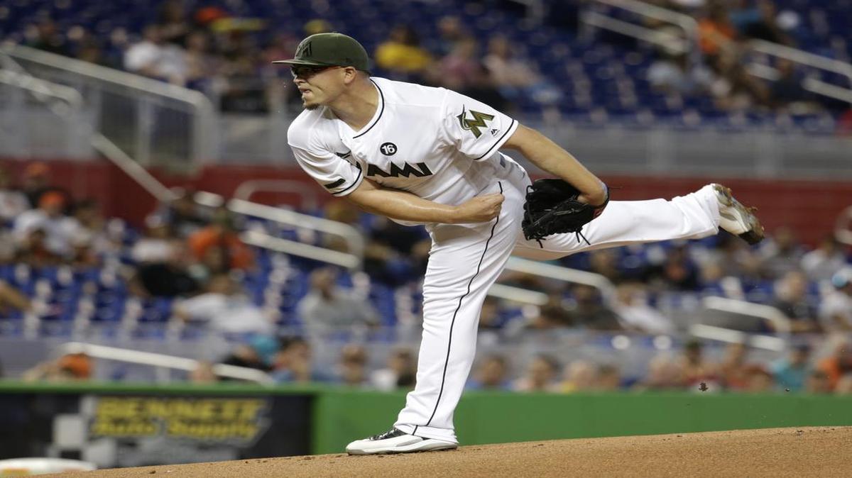 Miami Marlins starting pitcher Vance Worley follows through on a delivery during the first inning of an interleague baseball game at Marlins Park in Miami on May 27, 2017.