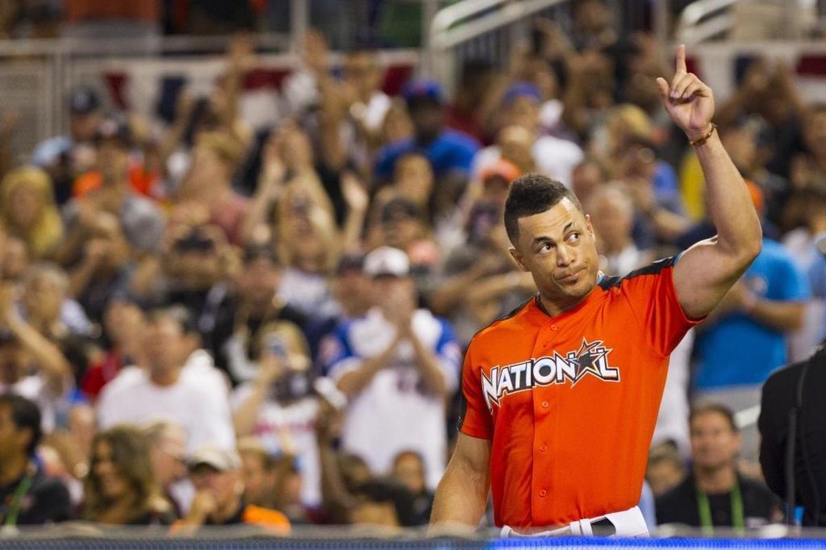 Marlins outfielder Giancarlo Stanton is presented at the MLB All Star Game Home Run Derby at Marlins Park on Mon., July 10, 2017.