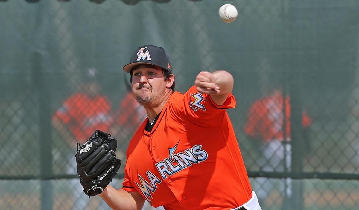 Miami Marlins pitcher Caleb Smith pitches during the spring training baseball workouts for pitchers and catchers at Roger Dean Stadium on Wed., Feb. 14, 2018 in Jupiter, FL.