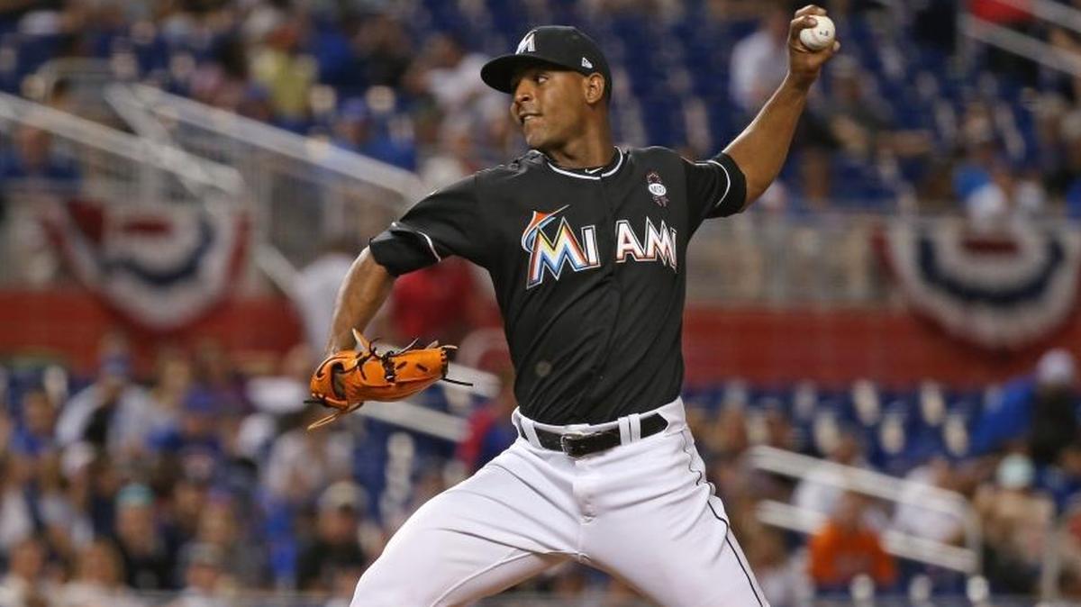 Miami Marlins pitcher Jarlin Garcia pitches during the 10th inning of a Major League Baseball game against the Chicago Cubs at Marlins Park on Friday, March 30, 2018, in Miami.