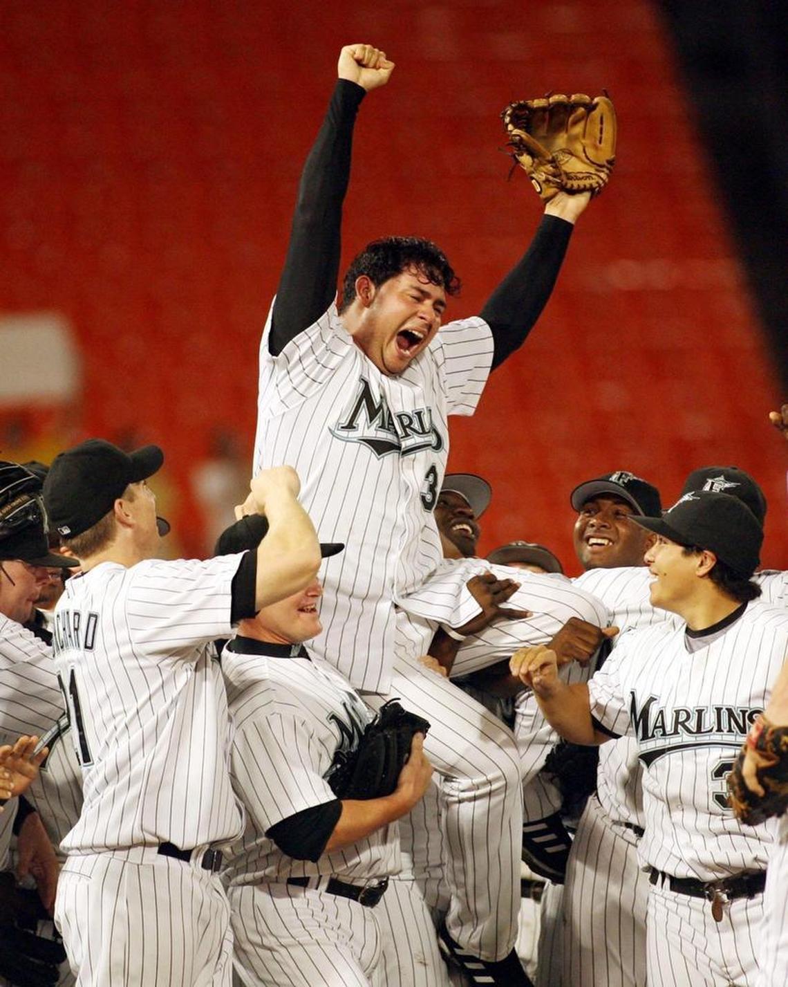 Anibal Sanchez reacts after pitching a no hitter against the Diamondbacks on Sept. 6, 2006.