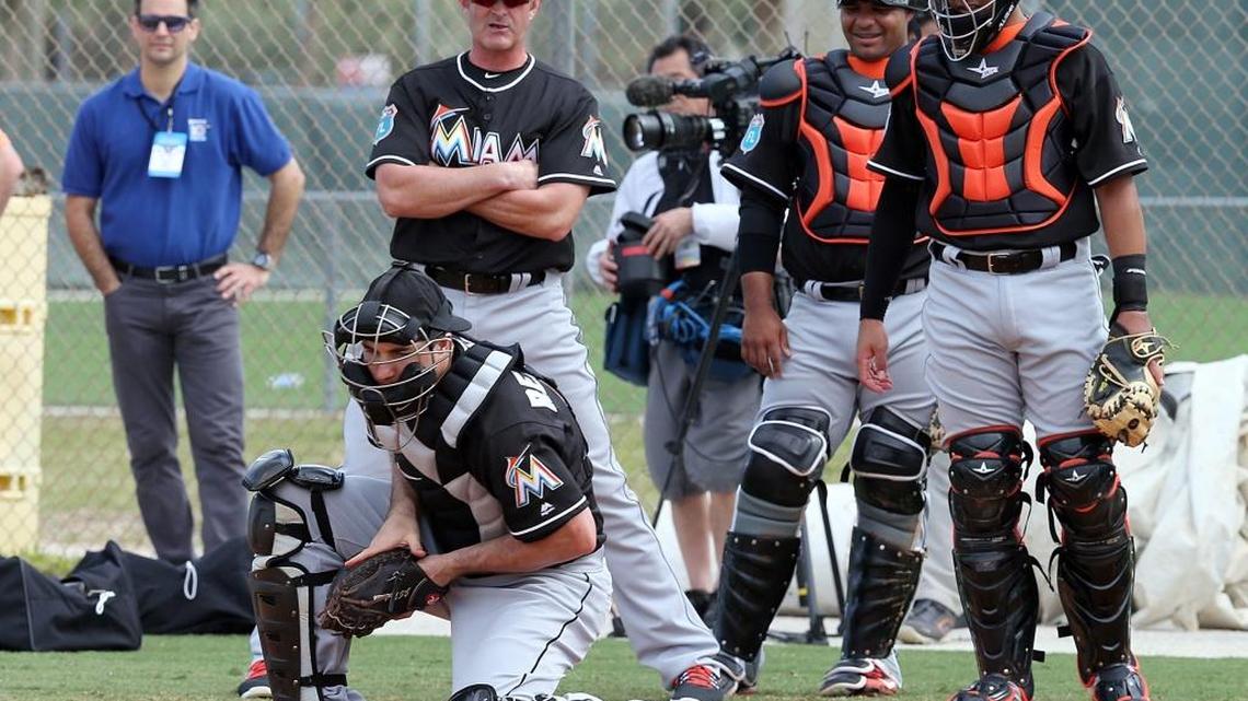 Marlins catcher J.T. Realmuto, shown during a spring training workout, finished second on the team to Dee Gordon in triples last season with seven.